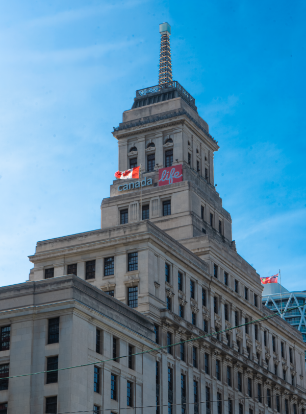 A prominent clock tower atop a large building, surrounded by bare branches and a clear sky from an observation deck perspective.