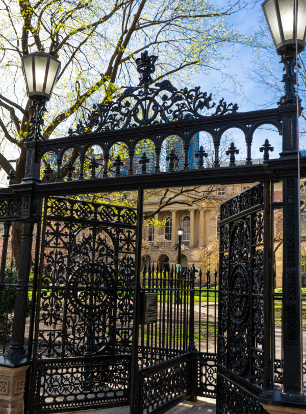 The elegant iron gates, adorned with decorative patterns, stand open, offering a view of the stately building in the background, under the glow of street lamps.