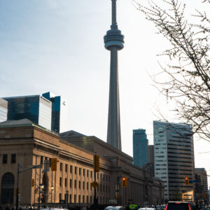 The iconic CN Tower looms over the street, surrounded by modern buildings and bustling traffic, bathed in the warm light of the late afternoon.